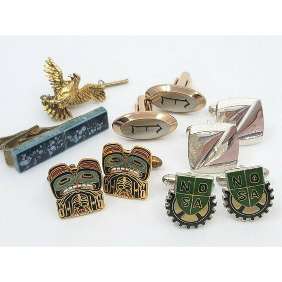 Vintage Mens Cufflinks and Tie Clip Lot Golden Toned Figural  Lot of Men\'s Vintage Cufflinks Tie Clips Pins Gold